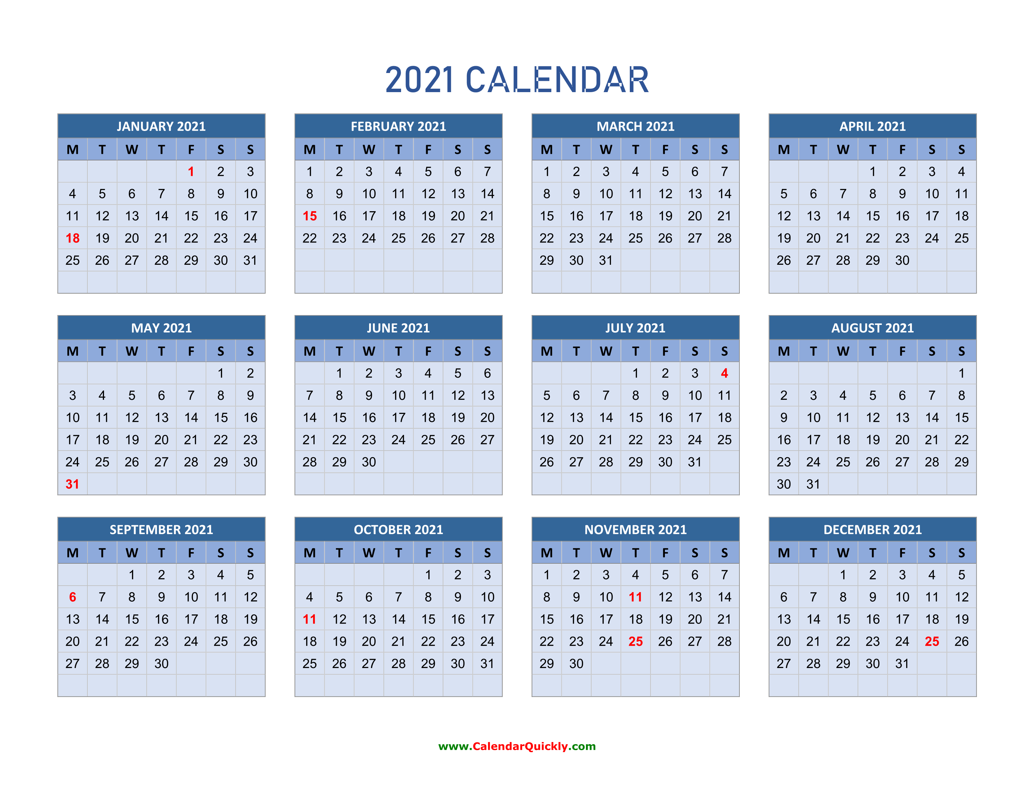 Monday 2021 Calendar Horizontal | Calendar Quickly