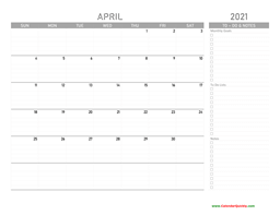 April 2021 Calendar with To-Do List