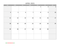 April Calendar 2021 with Holidays