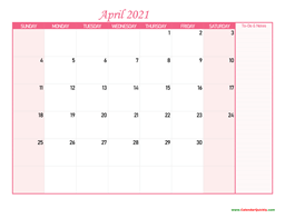 April Calendar 2021 with Notes