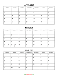 April to June 2021 Calendar