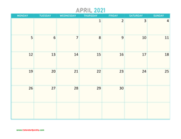 April Monday 2021 Calendar Printable