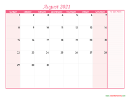 August Calendar 2021 with Notes