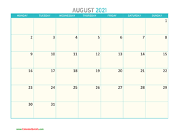 August Monday 2021 Calendar Printable