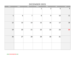 December Calendar 2021 with Holidays
