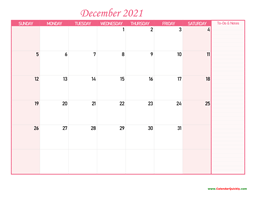 December Calendar 2021 with Notes