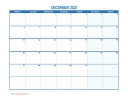 december monday 2021 blank calendar