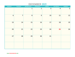 December Monday 2021 Calendar Printable