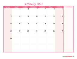 February Calendar 2021 with Notes