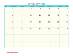 February Monday 2021 Calendar Printable