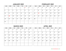 January to April 2021 Calendar