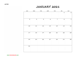 January Blank Calendar 2021 with Notes
