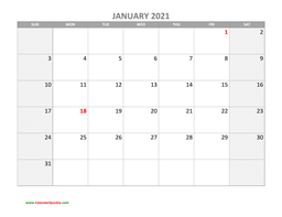 January Calendar 2021 with Holidays