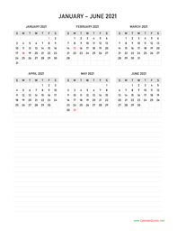 January to June 2021 Calendar with Notes