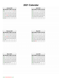 January to June 2021 Calendar Vertical