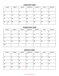 January to March 2021 Calendar