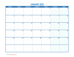 January Monday 2021 Blank Calendar