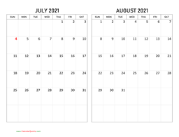 July and August 2021 Calendar