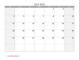 July Calendar 2021 with Holidays