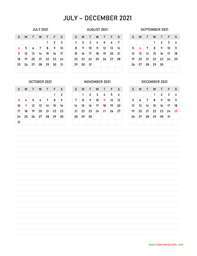 July to December 2021 Calendar with Notes
