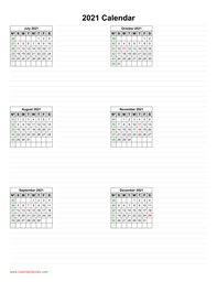 July to December 2021 Calendar Vertical