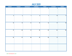 July Monday 2021 Blank Calendar