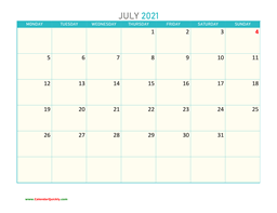 July Monday 2021 Calendar Printable