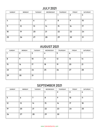July to September 2021 Calendar