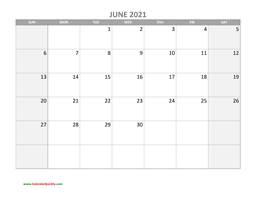 June Calendar 2021 with Holidays