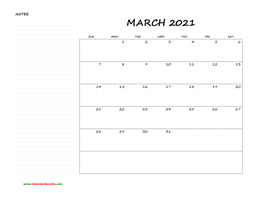 march blank calendar 2021 with notes