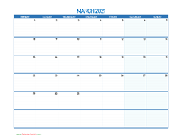 March Monday 2021 Calendar Printable | Calendar Quickly