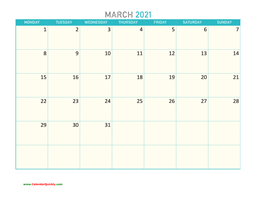 march monday 2021 calendar printable
