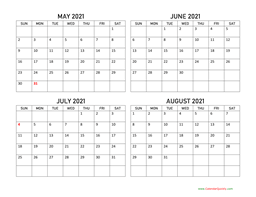 May to August 2021 Calendar