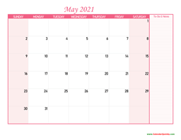 May Calendar 2021 with Notes