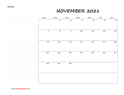 November Blank Calendar 2021 with Notes