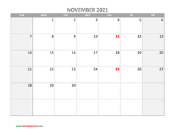 November Calendar 2021 with Holidays