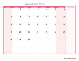 November Calendar 2021 with Notes