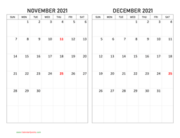 November and December 2021 Calendar