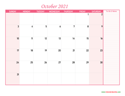 October Calendar 2021 with Notes