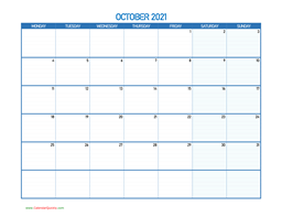 october monday 2021 blank calendar