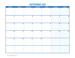 September Monday 2021 Blank Calendar
