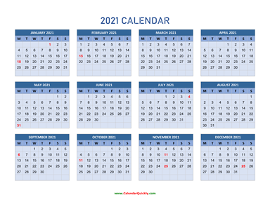 Monday 2021 Calendar Horizontal