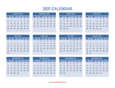 Monday 2021 Calendar Horizontal 