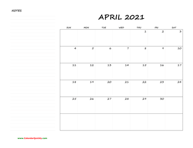 April Blank Calendar 2021 with Notes