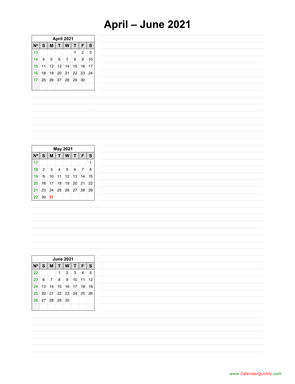 April to June 2021 Calendar with Notes