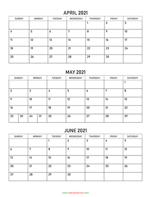 April to June 2021 Calendar Vertical