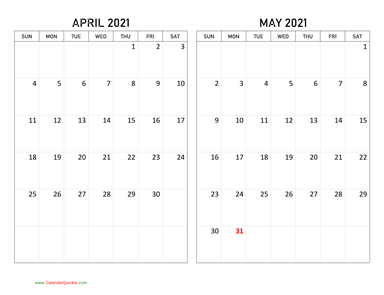 April and May 2021 Calendar Horizontal