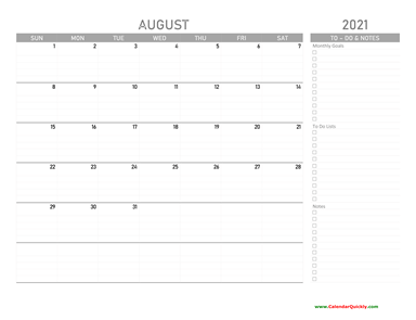 August 2021 Calendar with To-Do List