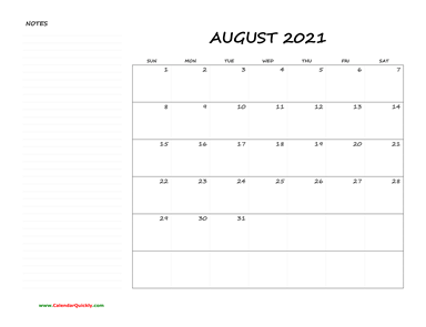 August Blank Calendar 2021 with Notes