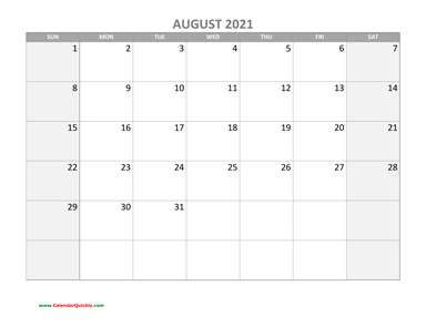 August Calendar 2021 with Holidays
